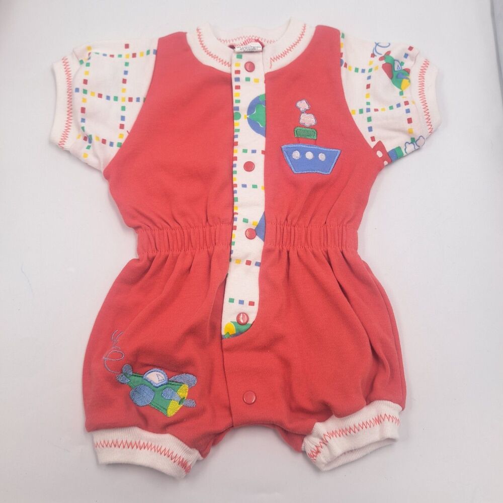 Vintage Gerber Transportaiton Romper 0-6M Airplane & Boat Embroidery